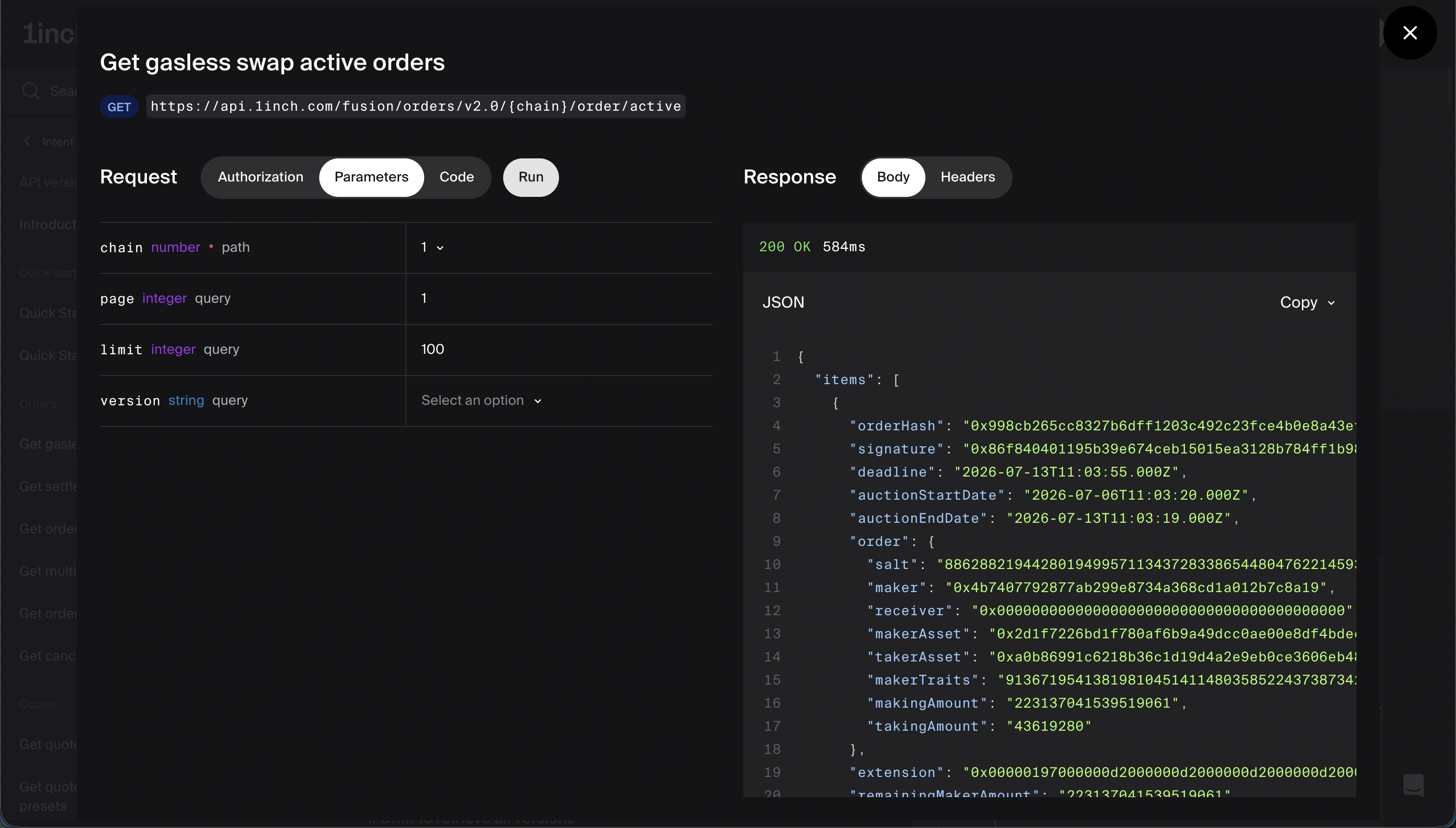 1inch API Playground — Get gasless swap active orders request and live JSON response