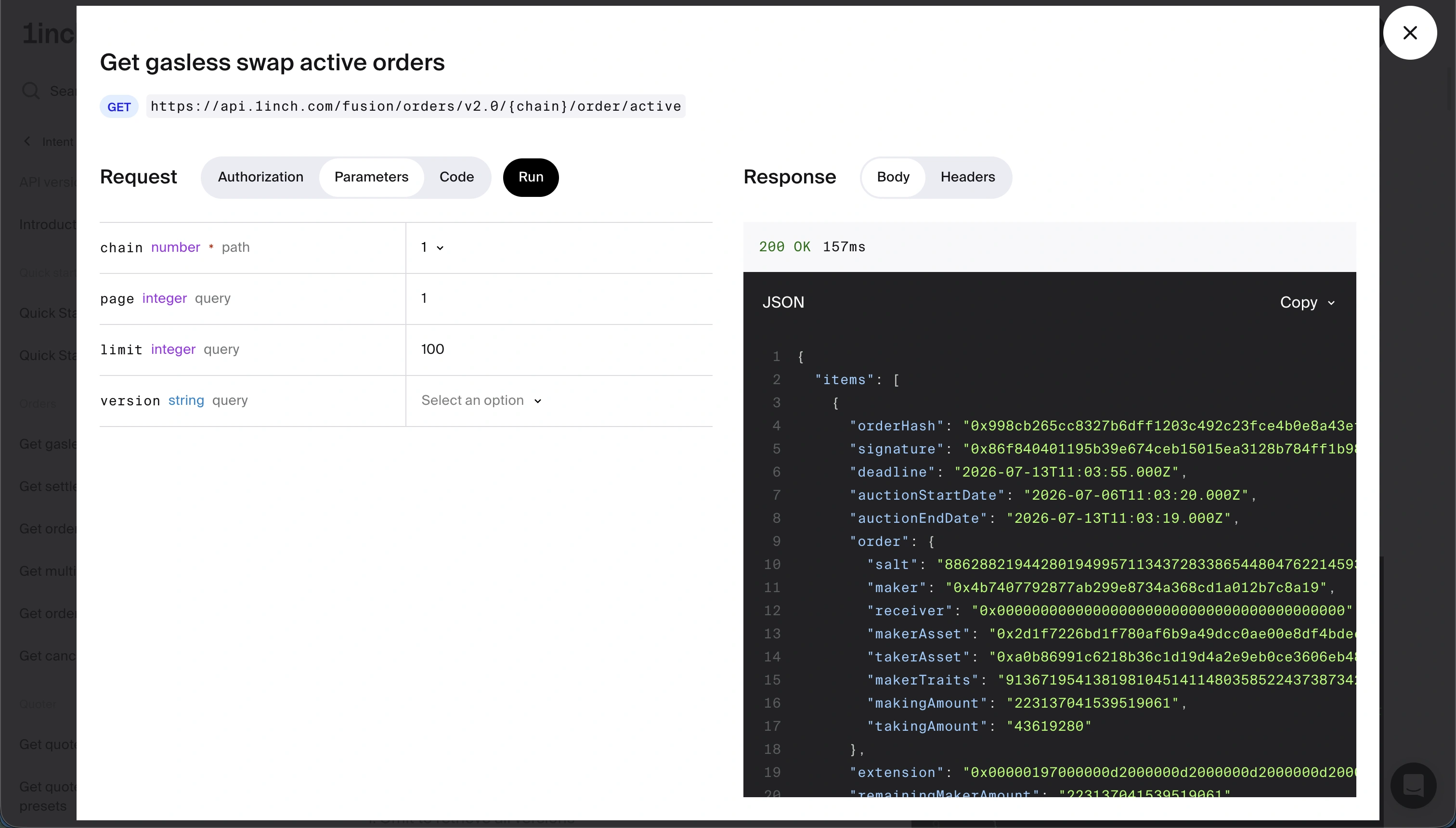 1inch API Playground — Get gasless swap active orders request and live JSON response